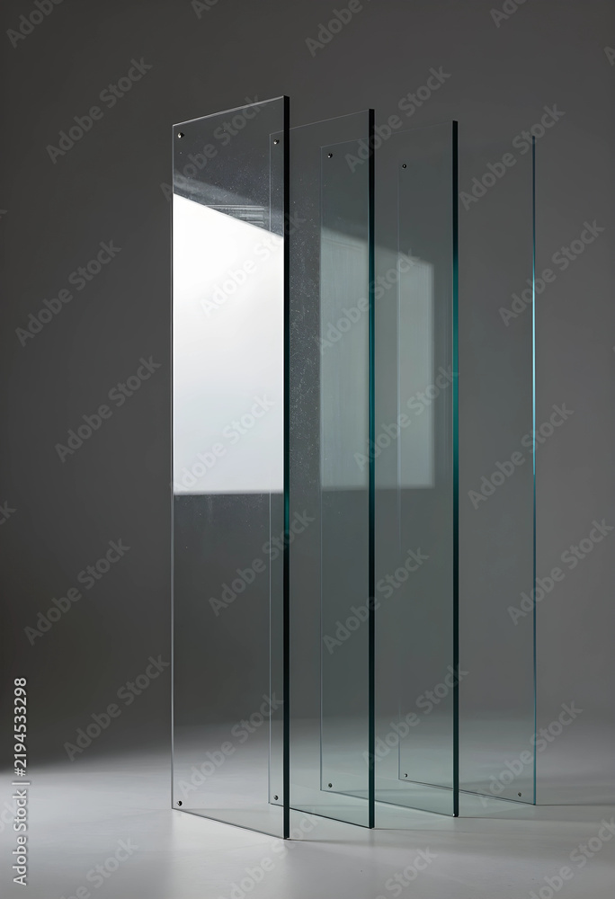 Obraz premium Transparency and clarity concept, architectural glass panels standing in a row with light reflection and shadows in a minimalist interior studio space