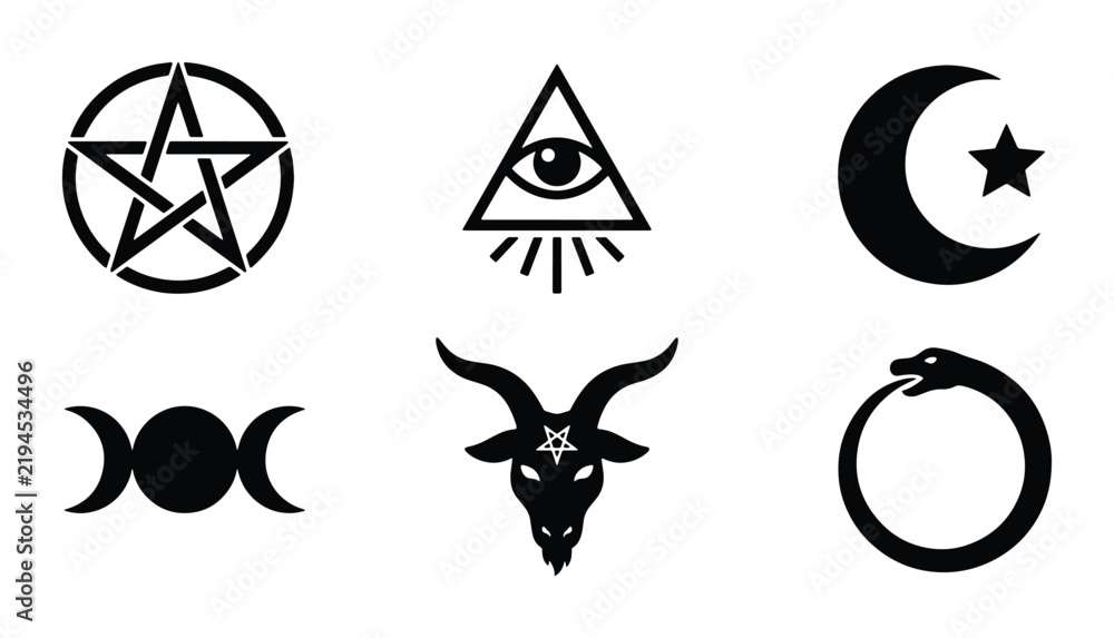 Fototapeta premium Esoteric Symbols Collection: Pentagram, Eye of Providence, Crescent Moon, Triple Moon, Baphomet, Ouroboros Icons