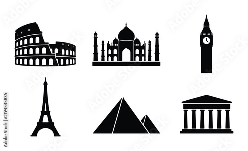 Iconic Global Landmarks Collection, Vector Silhouettes of Famous Architecture, Travel & Tourism Symbols
