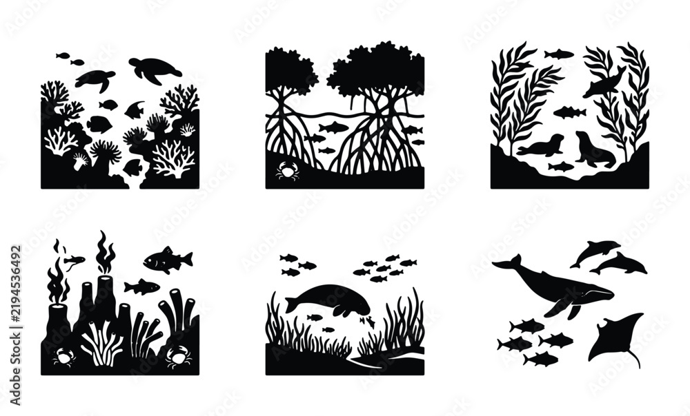 Fototapeta premium Marine Ecosystem Silhouettes: Coral Reef, Mangrove, Ocean Life, Aquatic Scenes, Underwater Wildlife, Vector Art