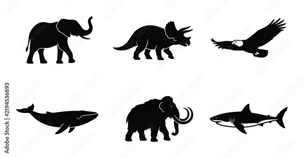 Fototapeta premium Diverse Animal Silhouettes Collection: Elephant, Dinosaur, Eagle, Whale, Mammoth, Shark Icons