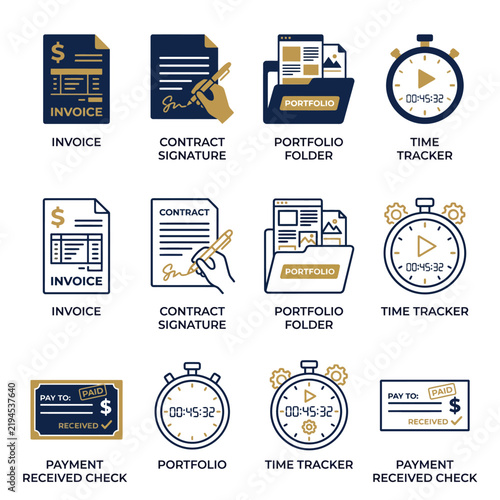 Freelancer Business Icon Set Invoice Contract Portfolio Vector
