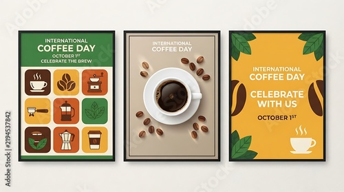 Three posters featuring international coffee day designs displayed on a plain light grey wall background with coffee themed illustrations