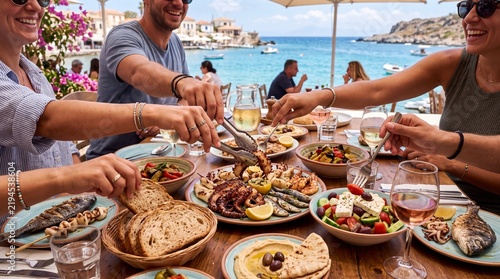 friends sharing a mediterranean lunch at a seaside restaurant
