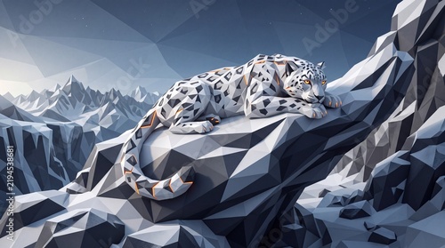 geometric low poly snow leopard resting on a rocky mountain ledge