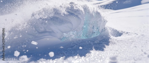 Winter vacation, a dynamic close-up of snow splashes and ice crystals flying during a sharp turn on a mountain slope, emphasizing extreme winter sports, speed, and cold weather nature