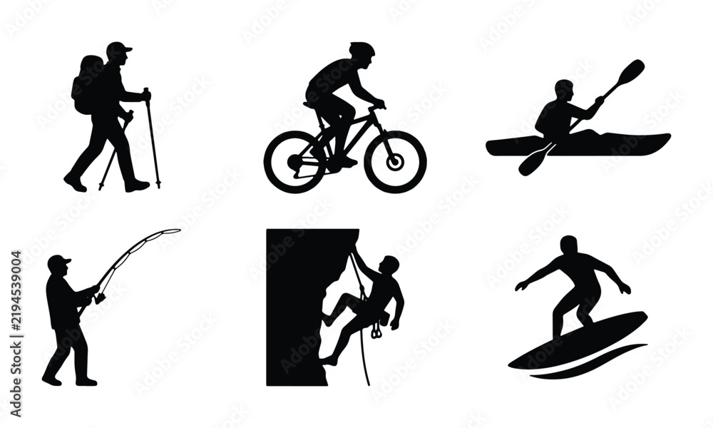 Fototapeta premium Outdoor Activity Silhouettes: Hiking, Cycling, Kayaking, Fishing, Climbing, Surfing Icons