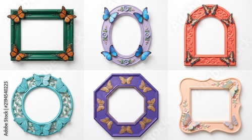 Decorative butterfly picture frames set of 6 colorful borders. Ornate vintage photo frames with butterfly accents. Whimsical pastel and vibrant frame collection for scrapbooking and home decor.