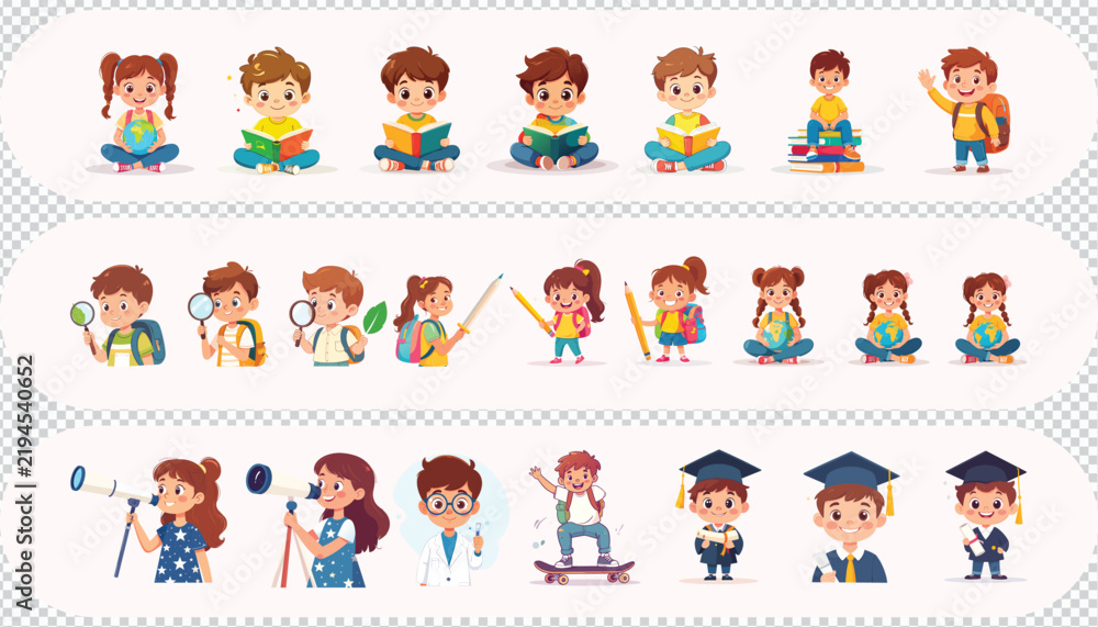 Fototapeta premium Cute School Children Education Learning Character Vector Set