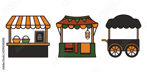 Vintage market stall vector set, traditional street food kiosk icons, rustic festival booth and mobile cart illustrations for autumn fair events