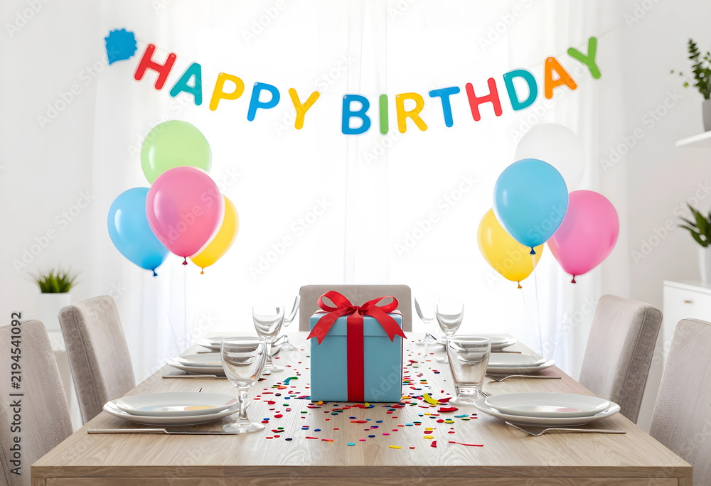 Obraz premium Birthday celebration and party planning, gift box on dining table with colorful balloons and happy birthday banner in a bright home interior setting