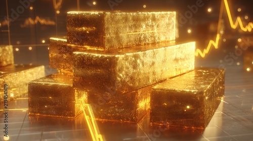 Stacked Gold Bullion with Holographic Financial Overlay - Digital Art