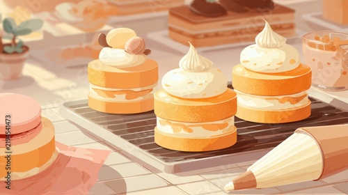 Stacked Orange Layered Sponge Cakes on Cooling Rack - Sweet Dessert Presentation
