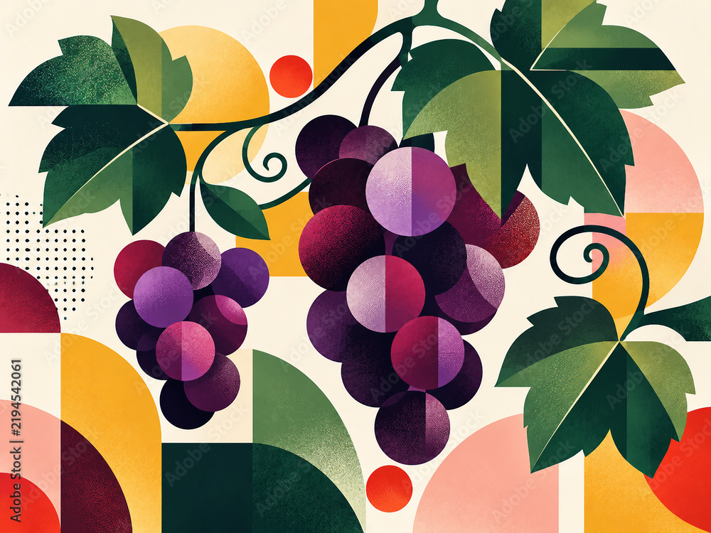 Obraz premium Stylized purple grape clusters with vine leaves in a colorful mid century geometric fruit composition.