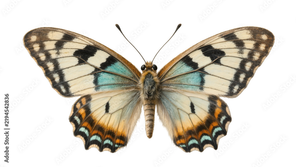 Obraz premium Detailed butterfly with cream blue and orange patterned wings, isolated on transparent background