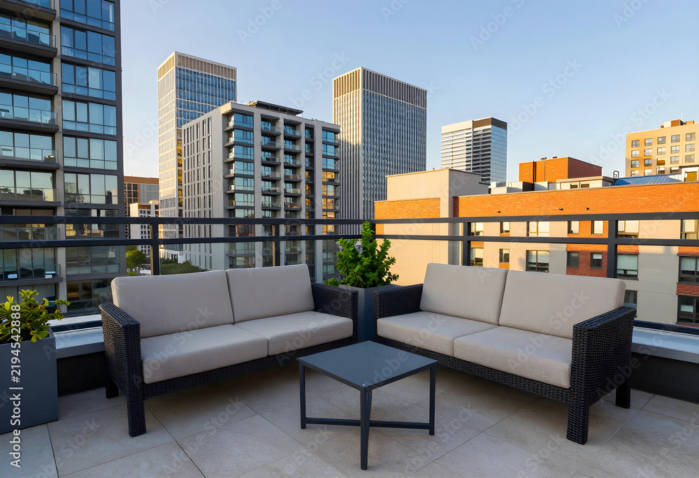 Obraz premium Urban lifestyle and real estate investment, modern rooftop terrace with outdoor furniture overlooking city skyscrapers at sunset for luxury living
