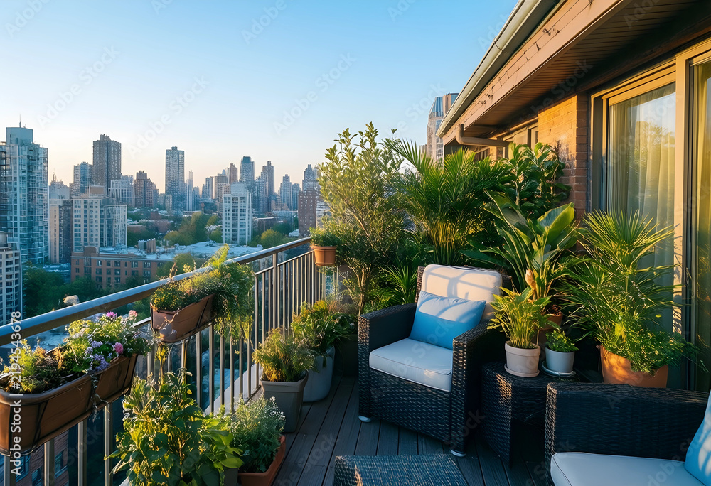 Fototapeta premium Urban lifestyle and city living, cozy apartment balcony with plants and skyline view at sunset for relaxation and home comfort in a metropolitan area
