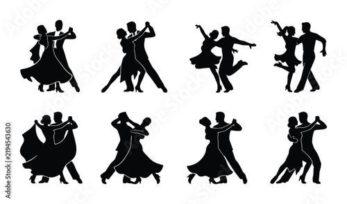 Elegant Ballroom Dance Silhouettes, Romantic Couple Poses, Dynamic Movement Vector Set, Formal Event Graphics