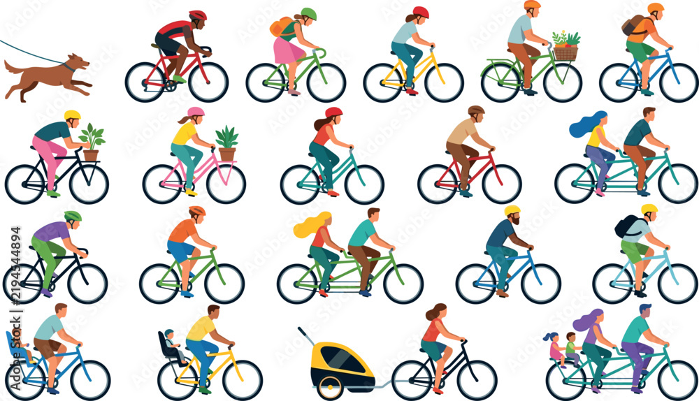 Obraz premium Diverse Cyclists Riding Bicycles Vector Set Featuring Tandem Bikes Family Cycling with Kids Trailer and Commuters for Urban Transport Graphic Design Projects
