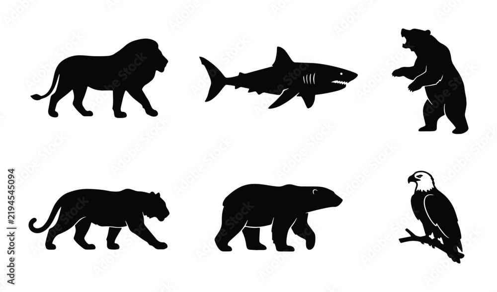 Obraz premium Wild Animal Silhouettes: Lion, Shark, Bear, Panther, Polar Bear, Eagle Icons for Nature and Wildlife Graphics
