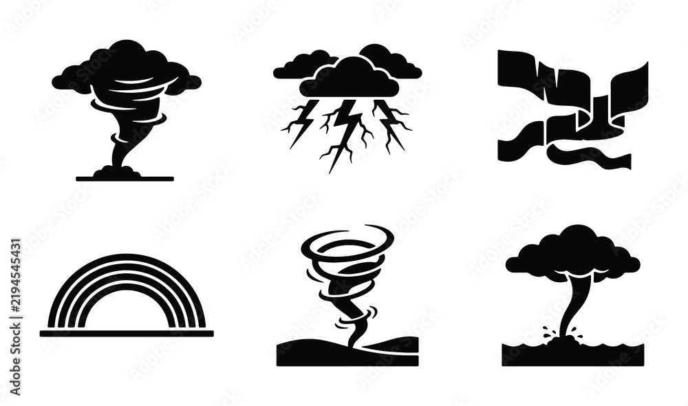 Obraz premium Set of 6 Weather Icons: Tornado, Lightning Storm, Aurora, Rainbow, Cyclone, Waterspout Vector Graphics