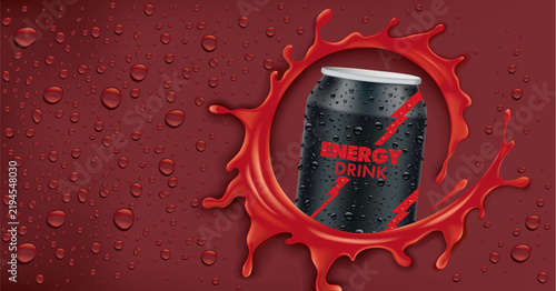 Energy drink tin can with splash and many fresh juice drops