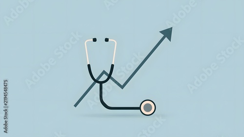 A flat icon illustration of a stethoscope layered over an upward trend arrow. Concept for rising healthcare costs or medical growth statistics.