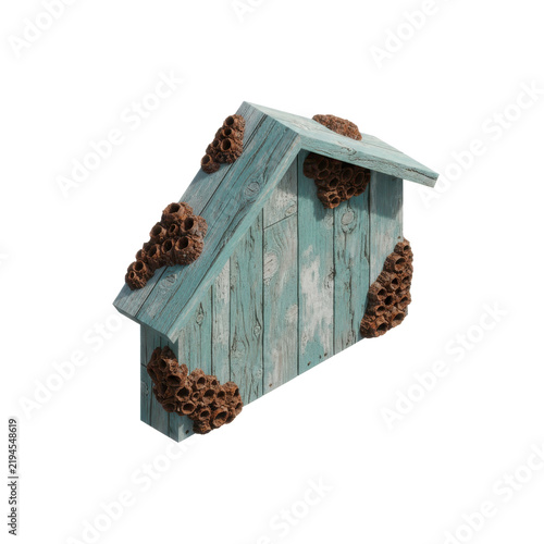 Rustic Wooden Birdhouse Covered with Barnacles and Shells