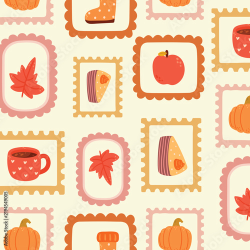 An autumn postage stamp pattern featuring seasonal symbols like pumpkins, mushrooms, acorns, and maple leaves. A collection of autumn elements for greeting cards and scrapbooking. Vector.