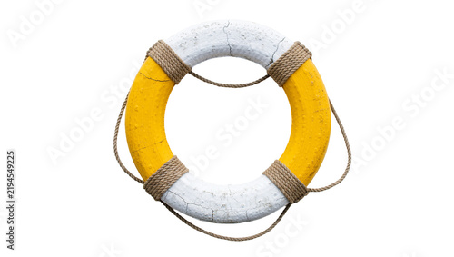 Konstfotografi Yellow and white life preserver ring with rope, isolated on transparent backgrou