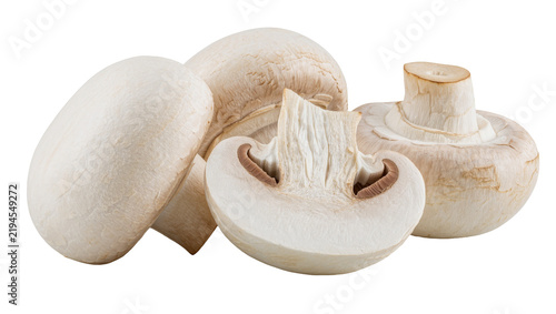 Obraz na płótnie Fresh white button mushrooms one sliced in half, isolated on transparent backgro