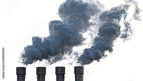 Canvastavla Industrial chimneys emitting dark smoke plumes, isolated on transparent backgrou