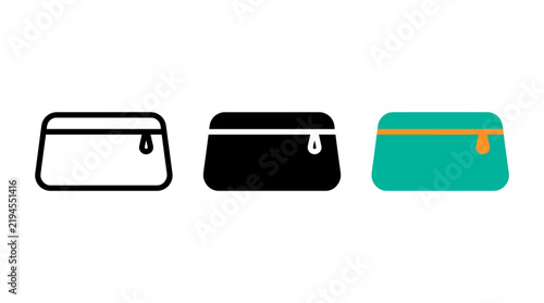 Small cosmetic bag or toiletry pouch icon set in line, solid and teal designs