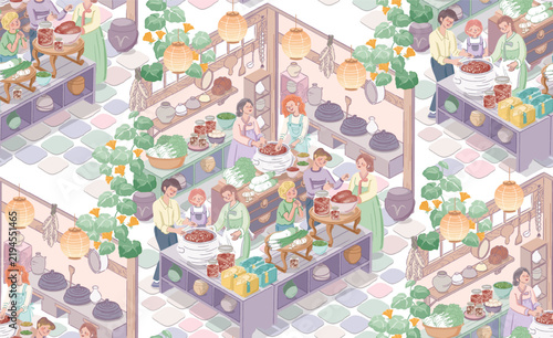 Kimjang Korean Kimchi Making Culture with Diverse People. Seamless Pattern Vector Illustration