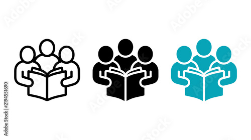 Group of people reading a book together in three style variations with students