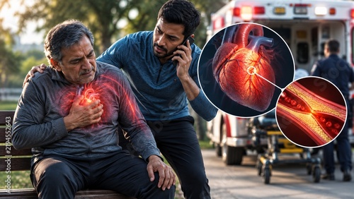 Senior Man Experiencing Heart Attack with Anatomical Illustration of Clogged Artery and Emergency Medical Response