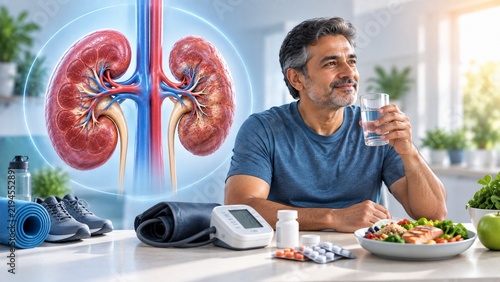 Comprehensive Kidney Care: Mature Man with Healthy Diet, Hydration, Exercise, and Medical Illustration