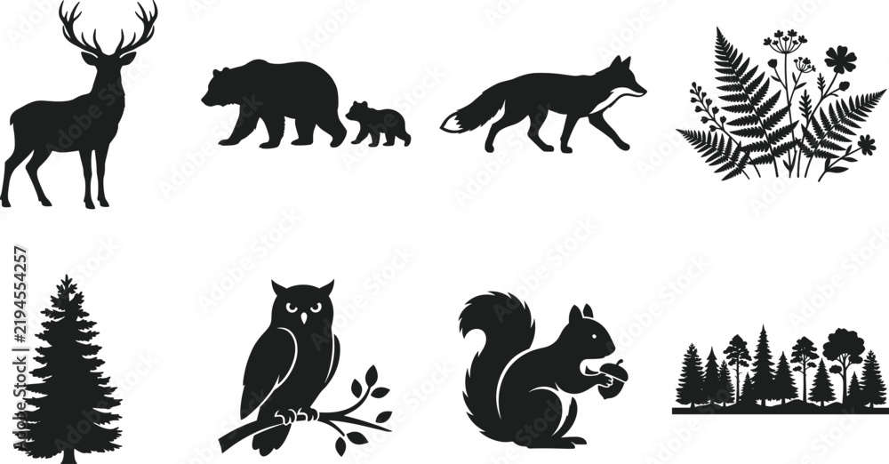 Obraz premium Woodland forest animals and nature elements black silhouette vector set isolated on white background