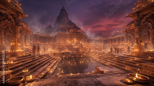 mystical temple courtyard at dusk filled with thousands of small oil lamps and brass bowls casting a warm