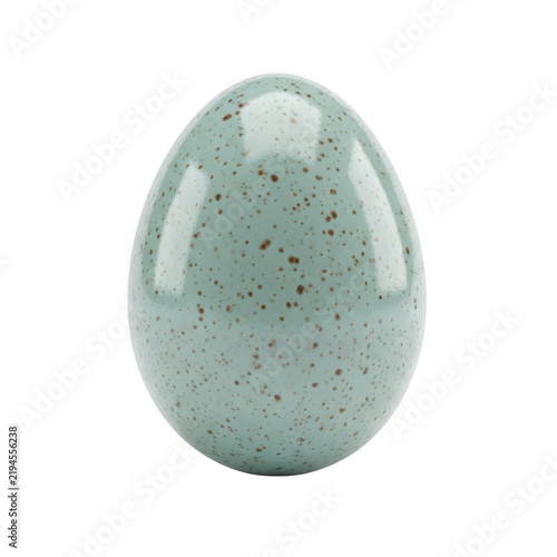 A large light blue egg with brown speckles