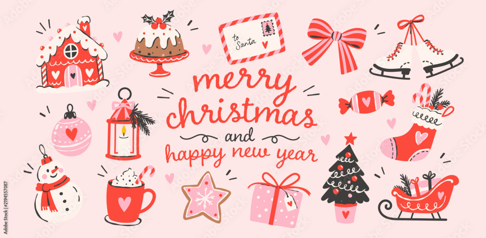 Obraz premium Christmas doodle illustration set with hand drawn festive elements. Cute red and pink holiday clipart collection with gifts, ornaments, snowman, gingerbread, sleigh and seasonal lettering