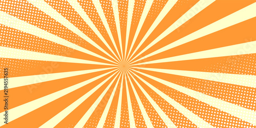 Abstract orange background in a pop‑art style with radial rays and a halftone effect