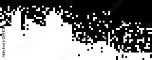Black pixel mosaic dissolving into white space with geometric square patterns and halftone gradient effects creating modern digital dispersion art. Y2k pixel disintegration Vector design element