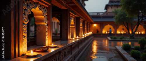 Silhouetted Indian arched window with lit diyas in courtyard for Diwali architectural photography heritage blogs and cultural presentations