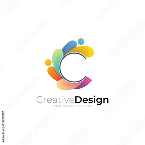 Letter C logo and people care design combination, unity logo template, colorful style