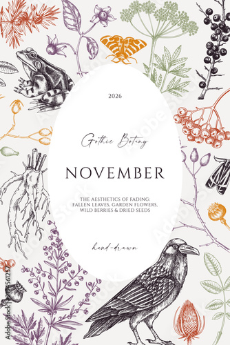 Vintage autumn background. Hand drawn botanical illustrations of raven, moth, frog, herbs, fall leaves, and plants. Dark botany frame design. NOT AI generated
