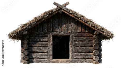 Cuadro en lienzo Rustic log cabin with thatched roof, isolated on transparent background