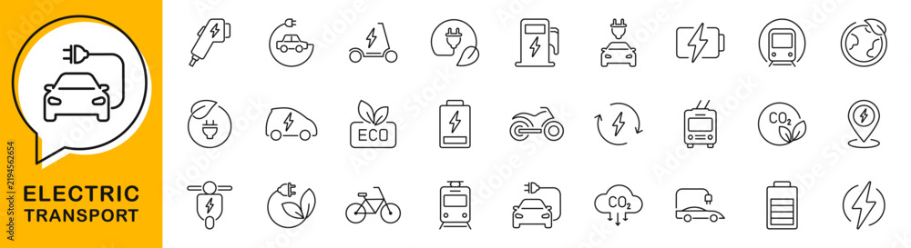 Fototapeta premium Electric transport icon set. EV vehicle icons in line style. Editable web icons car, battery, charging station, plug, scooter, trolleybus, tram, bicycle etc. Vector illustration.