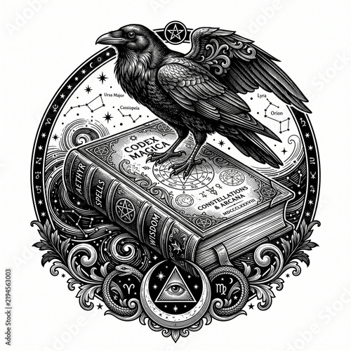Raven perched on an ancient book with mystical symbols and designs  