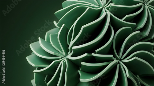 Intricate 3d geometric leaf pattern with green and white color gradient against dark background